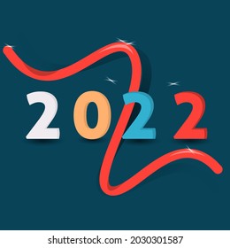 Feliz año nuevo 2022. 2022 sobre un fondo azul oscuro con una cinta roja. Diseño de pancartas, plantilla de calendario. Moderno y feliz año nuevo