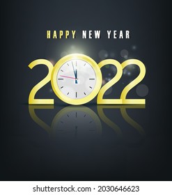 Happy new year 2022 background. Golden shiny numbers with confetti and ribbons on black background. Holiday greeting card design.