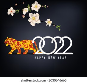Feliz año nuevo 2022. Números brillantes dorados con confeti y cintas sobre fondo negro. Diseño de tarjetas de felicitación de vacaciones.