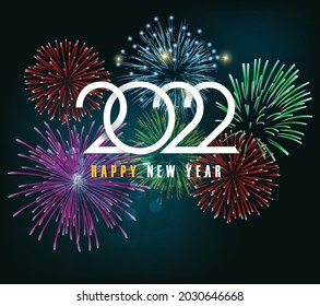 Happy new year 2022 background. Golden shiny numbers with confetti and ribbons on black background. Holiday greeting card design.