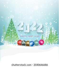 Happy new year 2022 background. Golden shiny numbers with confetti and ribbons on black background. Holiday greeting card design.