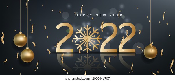 Happy new year 2022 background. Golden shiny numbers with confetti and ribbons on black background. Holiday greeting card design.