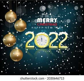 Happy new year 2022 background. Golden shiny numbers with confetti and ribbons on black background. Holiday greeting card design.