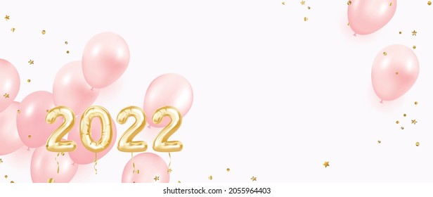 Happy new year 2022 background vector. Golden foil balloons numeral 2022 with gold and black balloon, ribbon and gold litter. Happy new year and holiday banner with realistic festive object. 