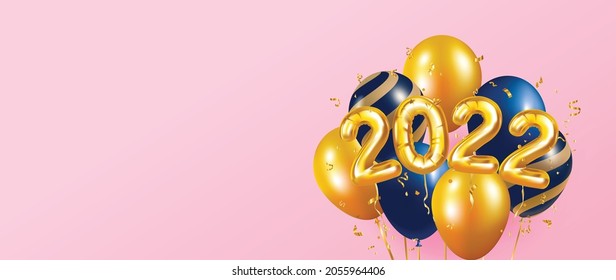 Feliz año nuevo 2022 vector de fondo. Globos de lámina dorada numeral 2022 con globo dorado y negro, cinta y camada dorada. Feliz año nuevo y banner festivo con un objeto festivo realista. 