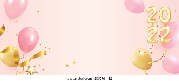 Happy new year 2022 background vector. Golden foil balloons numeral 2022 with gold and black balloon, ribbon and gold litter. Happy new year and holiday banner with realistic festive object. 