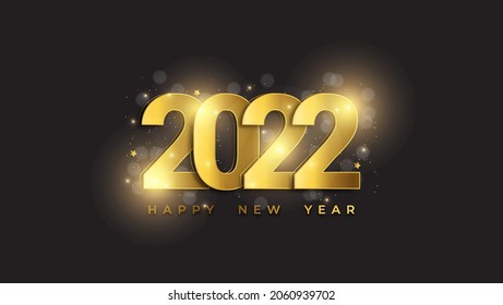 Happy new year 2022 background. Golden shiny numbers with confetti and ribbons on black background. Holiday greeting card design.