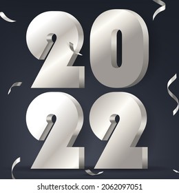 Happy new year 2022 background. Golden shiny numbers with confetti and ribbons. Vector illustration EPS10