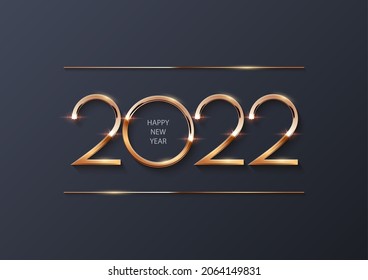 Happy new year 2022 background. Gold shining in light with sparkles celebration. Greeting festive card vector illustration. Merry Christmas holiday modern poster or wallpaper design