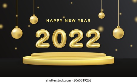 Happy New Year 2022 Background Template on podium. Luxury Holiday Vector Illustration of 3D Balloon Numbers 2022. Luxury 2022 Gold Helium Balloon Numbers Background