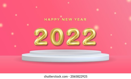 Happy New Year 2022 Background Template on podium. Romantic Holiday Vector Illustration of 3D Balloon Numbers 2022. Minimalistic 2022 Gold Helium Balloon Numbers Background