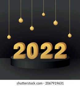 Happy New Year 2022 background. Golden 3D numbers with Christmas balls on a black background. Elegant podium for product showcase or presentation. Vector illustration.
