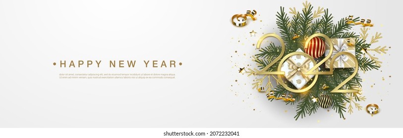 Happy new year 2022 background. Golden shiny numbers with confetti and ribbons on white background. 