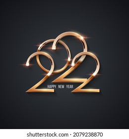 Happy new year 2022 background. Gold shining in light with sparkles celebration. Greeting festive card vector illustration. Merry Christmas holiday modern poster or wallpaper design