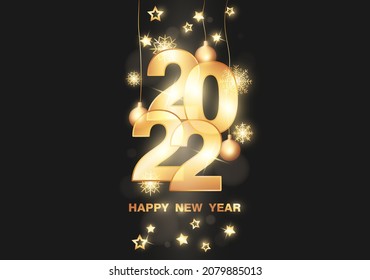 Happy new year 2022 background. Festive vector illustration with shiny gold text and snowflakes, christmas balls and stars on gray background. Decorative and congratulatory banner, screensaver.