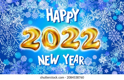 Feliz Año Nuevo 2022. Globos dorados realistas de fondo. Elementos de diseño decorativos. El objeto procesa un globo 3d con cinta de opciones. Celebrar el afiche de la fiesta, el banner, la tarjeta de saludo. Ilustración del vector festivo
