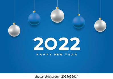 Feliz año nuevo 2022, ilustración de fondo con juguetes navideños. Icono de Año Nuevo dorado y guirnalda