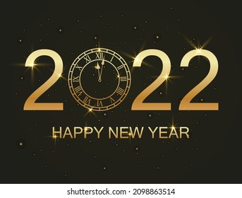Happy new year 2022 background with clock greeting card dark background.  grand celebration flyer. vector illustration in flat style modern design.