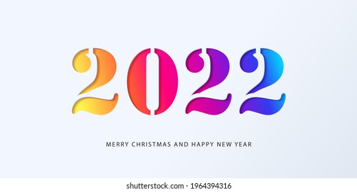 Happy New Year 2022 banner in paper cut style for seasonal holidays flyers, greetings and invitations, christmas themed congratulations and cards. Design for social media, promotion and sale. Vector