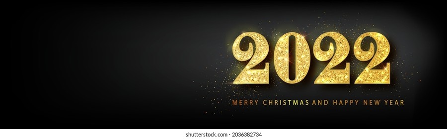 Happy new year 2022 banner. Golden Vector luxury text 2022 Happy new year. Gold Festive Numbers Design. Happy New Year Banner with 2022 Numbers