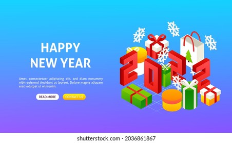 Happy New Year 2022 Banner. Vector Illustration of Winter Holiday Isometry.