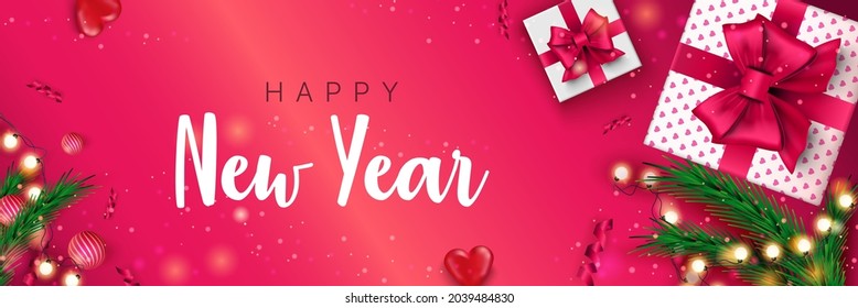 Happy New Year 2022 banner. Christmas concept on pink background. Xmas holiday poster with gifts, pine, glowing garland and ribbons. Vector illustration with realistic elements for header website