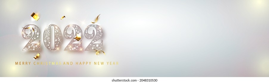 Happy new year 2022 banner. Silver Vector luxury text 2022 Happy new year. Festive Numbers Design. Happy New Year Banner with 2022 Numbers