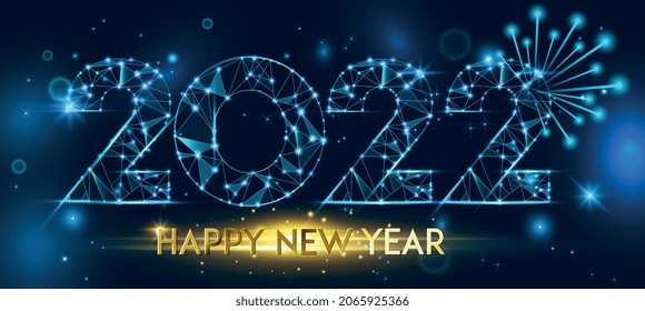 Happy new year 2022 banner design. Happy new year 2022 on space background. Futuristic geometric polygonal new 2022 year greeting card. Low polygon.