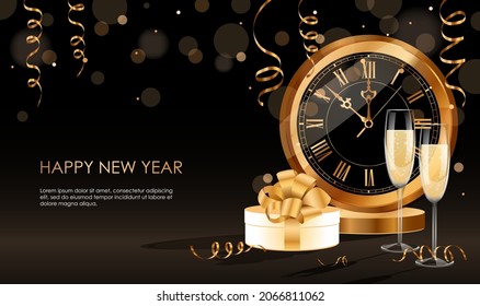 Happy New Year 2022 banner on black background with golden text. Greeting card with gold big clock, white gift box with big bow on top, two wine glasses. Party decoration poster. Vector illustration 