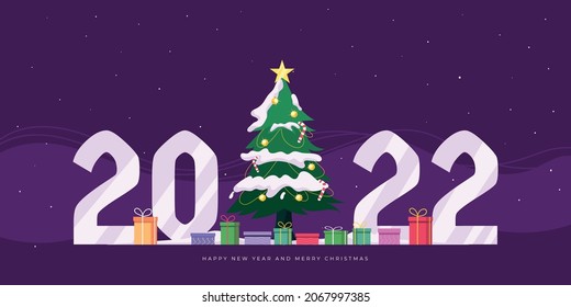 Happy new year 2022 banner. Vector illustration of a happy new year with big christmast tree and lot of gifts background for the holiday. Brochure design template, card, banner.