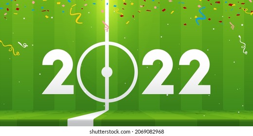 Happy New Year 2022 banner with soccer ball and paper confetti on soccer field background. Banner template design for New Year decoration in Soccer, Football, sport Concept. Vector illustration.