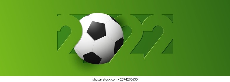 Happy New Year 2022 banner with numbers 2022 and decoration with soccer ball and football field. Banner template design for New Year decoration in minimal style. Vector illustration.