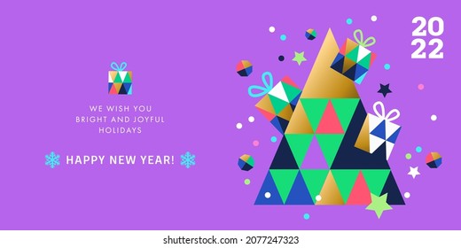 Happy New Year 2022 banner, greeting card, poster, holiday cover. Modern Xmas design in geometric style with triangle pattern, Christmas tree, gifts, snowflakes and confetti on violet background