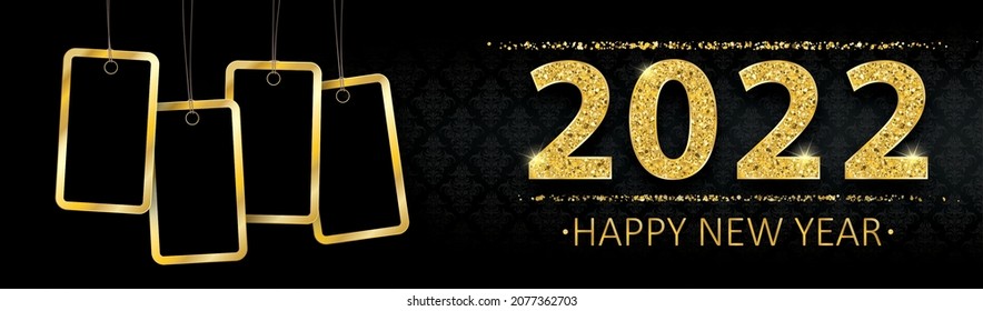 Happy new year 2022 banner with golden sand and price stickers. Eps 10 vector file.