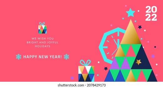 Happy New Year 2022 banner, greeting card, poster, holiday cover. Modern Xmas design in geometric style with triangle pattern, Christmas tree, gifts, snowflakes and confetti on coral pink background