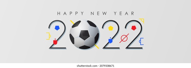 Happy New Year 2022 banner with numbers 2022 and decoration with soccer ball and football ground. Banner template design for New Year decoration in paper cut style. Vector illustration.