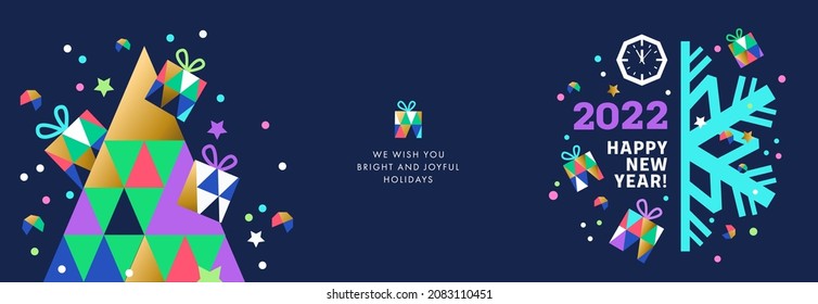 Happy New Year 2022 banner, card, poster, flyer, holiday cover. Modern Christmas design in geometric style with triangle pattern, clock face, gifts, snowflake and confetti on dark blue background