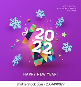 Happy New Year 2022 banner, card, poster, flyer, holiday cover. Modern Xmas design in geometric style with triangle pattern, opened gift box, snowflakes and confetti on bright violet background