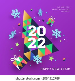 Happy New Year 2022 banner, card, poster, flyer, holiday cover. Modern Xmas design in geometric style with triangle pattern, Christmas tree, gifts, snowflakes and confetti on bright violet background