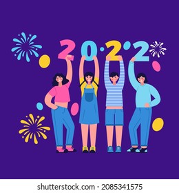 Happy new year 2022 banner. Vector illustration of a happy new year with people holding font style background for the holiday. Brochure design template, card, banner.