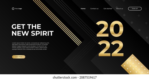 Happy new year 2022 banner or landing page with black and gold abstract background. Vector abstract graphic design banner pattern background template.