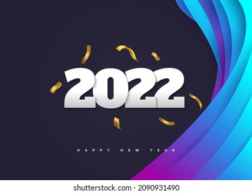 Happy New Year 2022 Banner or Poster with Golden Confetti on Colorful Background. 2022 Logo or Symbol. Holiday Vector Illustrations