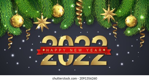 happy new year 2022 banner template typography, christmas tree, golden glitter balls, hanging stars, snow and ribbons decoration for flyers, poster, web, banner, and card vector illustration