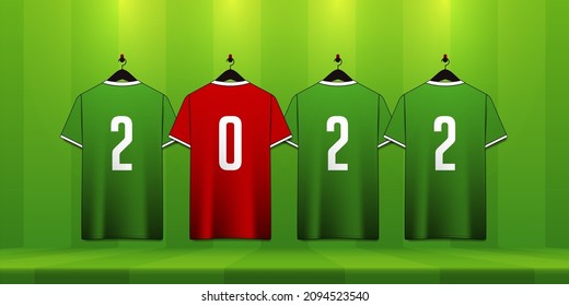 Happy New Year 2022 banner template design soccer jersey or football kit on soccer field background. Happy New Year decoration in soccer, football, sport concept. Vector illustration