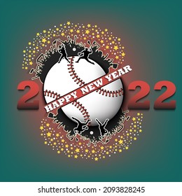 Happy new year. 2022 with baseball ball, player and fans. Original template design for greeting card, banner, poster. Vector illustration on isolated background