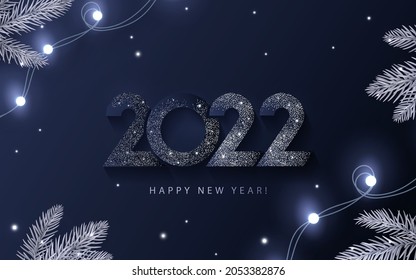 Happy New Year 2022 beautiful sparkling design of numbers on dark blue background with lights, pine branches and shining falling snow. Trendy modern winter banner, poster or greeting card template - Shutterstock ID 2053382876