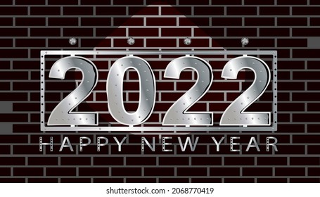 Happy New Year 2022. Big metallic lettering. Brick wall 2022. Celebrating New Year. Vector illustration. Backlit digits