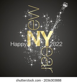 Happy New Year 2022 black light lettering typography sparkle champagne firework gold white blue background