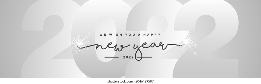 Happy New Year 2022 black handwritten lettering typography sparkle firework New Year 2022 into silver white background