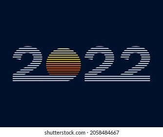 Happy new year 2022 with black stripes and sun. Minimal icon of 2022 with blue, orange, yellow. Trendy vector for branding, cover, card, banner, calendar, book, pamphlet. 